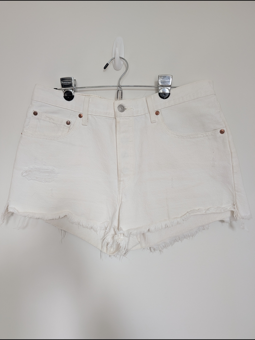 Levi's 501 White Distressed Frayed Denim Shorts